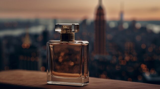 Eau de toilette and perfume. A bottle of perfume on the background of the evening city. Generative AI.