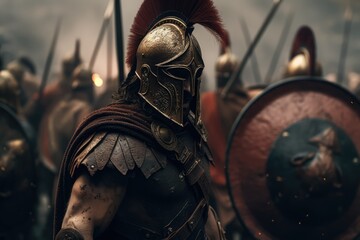 Fototapeta na wymiar Spartan King Leonidas I and his warriors at Thermopylae. Generative AI.
