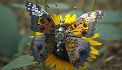 Sun-Kissed Steel: The Mechanical Butterfly on a Sunflower