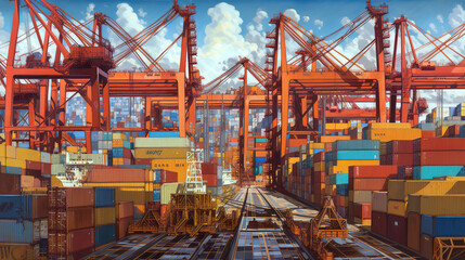 Container storage in the port in a painting style.Freighter import export global business trade. Containerized cargo in industrial port. AI generated illustration.