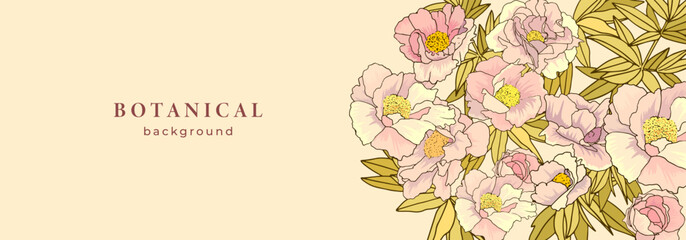 Victorian style vintage botanical background for banner. Template with rose flower, floral pattern. Blooming peony. Spring design with flowering peony tree