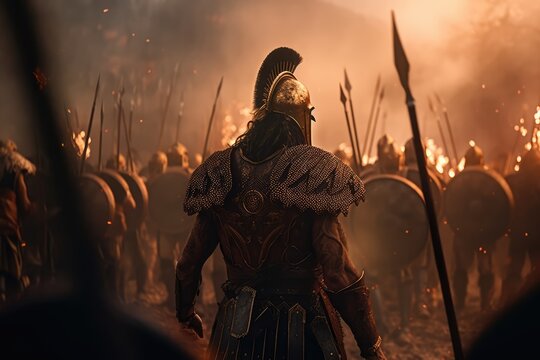 Spartan King Leonidas I and his warriors at Thermopylae. Generative AI.