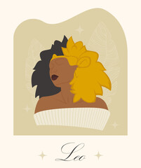 Zodiac Illustration of Leo zodiac sign as a beautiful afro girl. Young lady water symbol character. Astrology elements vector illustration