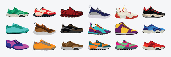 Collection of realistic sneakers of different types. Sports shoes in detailed style.
