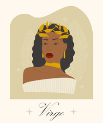Virgo zodiac sign afro woman cartoon vector illustration. Young lady water symbol character. Astrology elements vector illustration