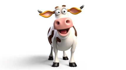 Cute realistic happy and cute cow smiling, funny cartoon character on the white background - Generative AI