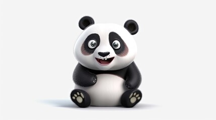 Cute realistic happy and cute panda smiling, funny cartoon character on the white background - Generative AI