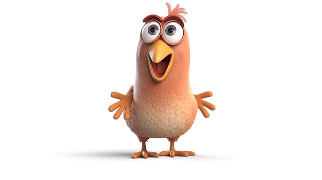Cute realistic happy and cute chicken smiling, funny cartoon character on the white background - Generative AI