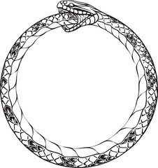 Stylized Ouroboros. Antient symbol of snake biting it's tail. Line art, sketch style
