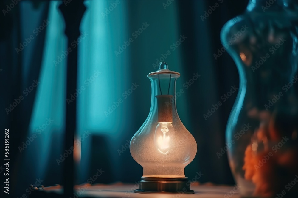 Poster a light bulb sitting on top of a table next to a vase with a flower in it and a lamp on top of the t