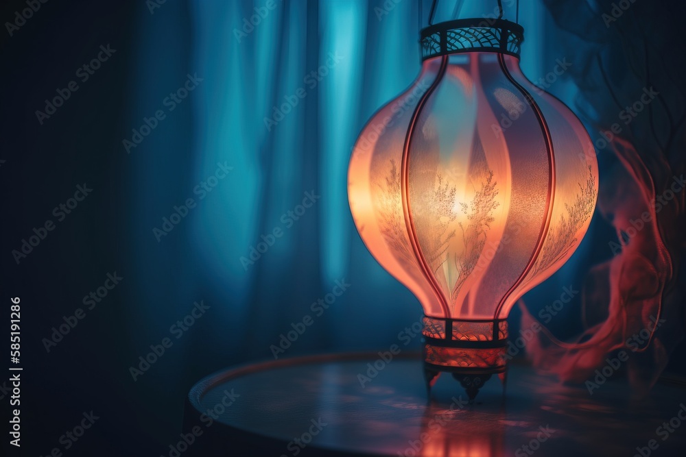 Poster a lit up lantern sitting on top of a table in a room with blue curtains and a curtained window behin