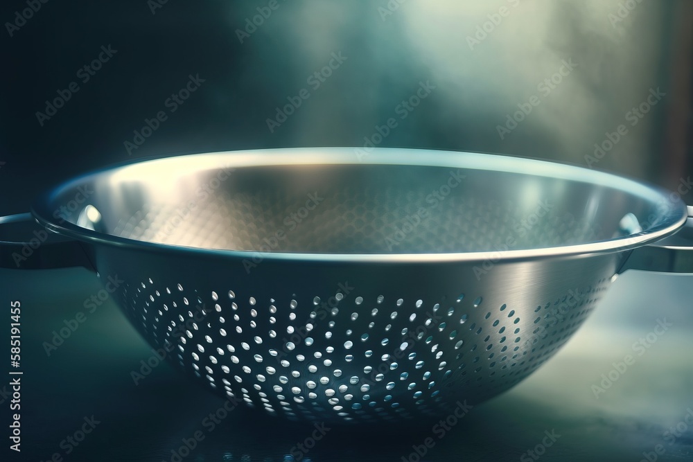 Poster a metal strainer sitting on a table with a blurry back drop of light coming from the top of the stra