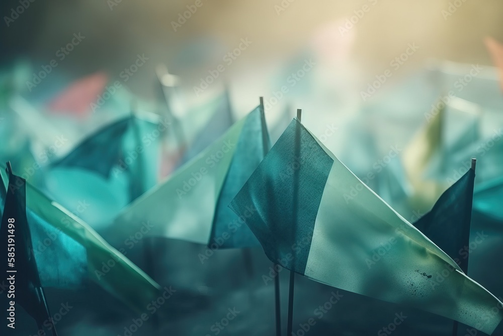 Poster a group of flags that are flying in the air with the sun shining through the clouds in the sky behin