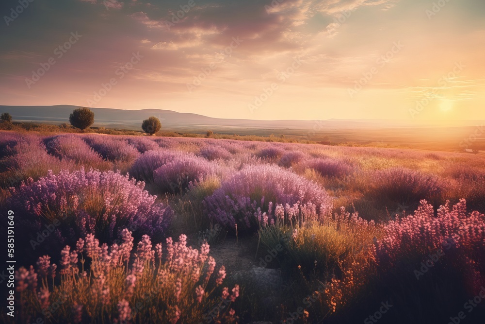 Poster a field of lavender flowers with the sun setting in the distance in the distance is a distant mounta