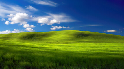 Obraz premium Green lush fresh spring landscape background wallpaper background illustration design with hills, blue sky, clouds. AI generated illustration.