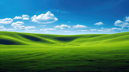 Obraz premium Rolling green hills stretch into the distance under a brilliant blue sky dotted with fluffy white clouds.Sunlight casts soft shadows,accentuating,vivid green and creating a calm,inviting landscape.AI