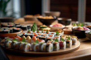 set of assorted sushi arranged on plate over wooden table. AI generated