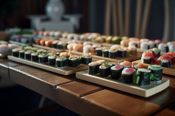 set of assorted sushi arranged on plate over wooden table. AI generated