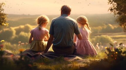 fathers day, wish card, father sitting with children ai generated ai