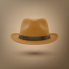 Vector 3d Realistic Brown Vintage Classic Gentleman Hat, Cap Icon Closeup. Front View. Mens Unisex Hat Design Template. Vector Illustration