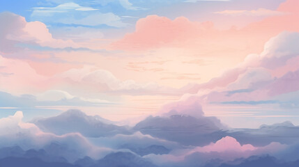 Colorful sunrise over rolling countryside, with the sky filled with a blend of soft pink, orange, and blue clouds. peaceful and serene,  pastel-colored clouds with soft edges ai generated