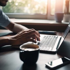Close-up of a young entrepreneur's hands typing on a sleek laptop keyboard