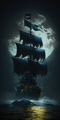 Pirate ship with black sails at full moon