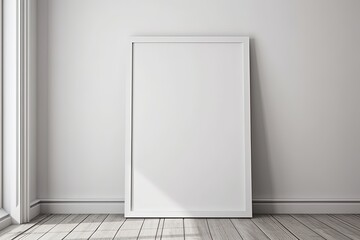 blank white picture frame on the white wall and the wooden floor