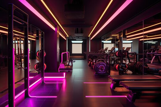 Modern Gym, Neon Illuminated, Futuristic, functional area and Strength Training - Generative AI