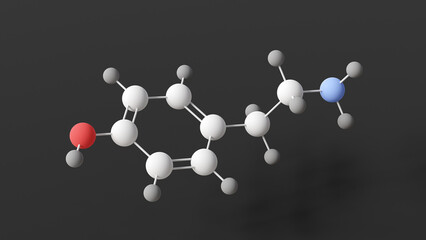 tyramine molecule, molecular structure, trace amine, ball and stick 3d model, structural chemical formula with colored atoms