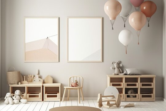 mock up poster frame in children bedroom, Scandinavian style int