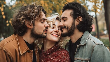 Polyamorous people, Smiling young woman living in a Polyamorous relationship with two men, posing at a park. Generative AI - obrazy, fototapety, plakaty