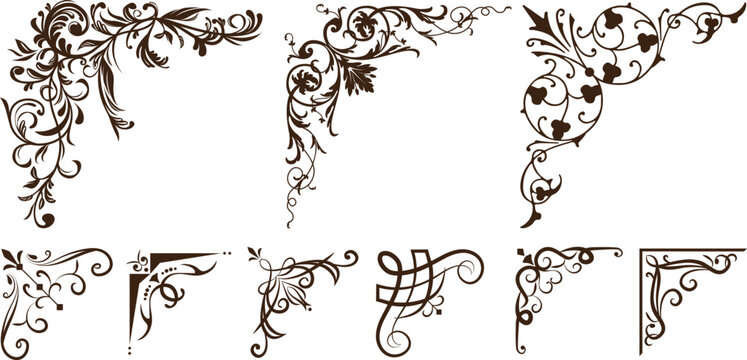 Corner ornament. Vector set of floral corners on white background.