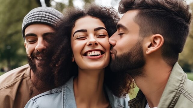 Polyamorous people, Smiling young woman living in a Polyamorous relationship with two men, posing at a park. Generative AI
