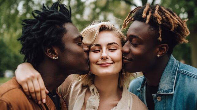 Polyamorous people, Smiling young woman living in a Polyamorous relationship with two men, posing at a park. Generative AI