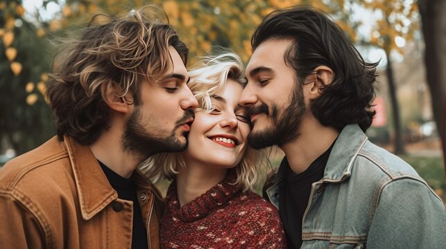 Polyamorous people, Smiling young woman living in a Polyamorous relationship with two men, posing at a park. Generative AI