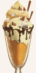 Vanilla icecream with chocolate sauce in a tall glass