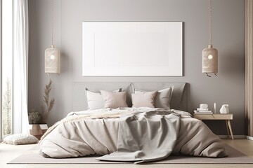 mock up poster frame in modern bedroom interior background, livi