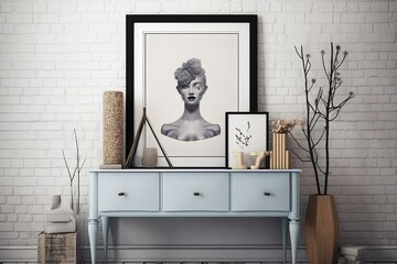 mock up poster frame on vintage chest of drawers, interior