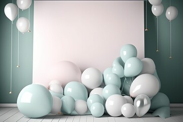 mock up poster in interior background with white balloons