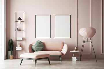 Mock up poster in lounge hipster room, pastel colored, 3d render