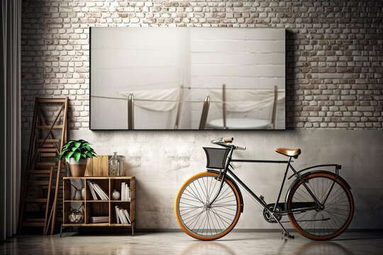 mock up poster in loft interior with bicycle, background