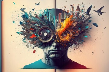 A head made of books with a light bulb in the eye refers to seeing the world from a different perspective.
