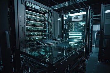 View of a data center. Rack housing server data storage hardware in a data center. The equipment is connected by a lot of network cables. Supporting platform for web and cloud hosting. Generative AI