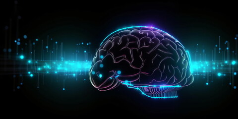 Digitale Illustration des menschlichen Gehirns mit schwarzen Hintergrund und Platz für Text - mit KI erstellt 

