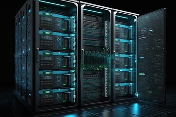 Rack housing server data storage hardware in a data center. The equipment is connected by a lot of network cables. Supporting platform for web and cloud hosting. Generative AI
