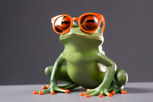 Green frog wearing orange glasses on a grey background (generative AI)