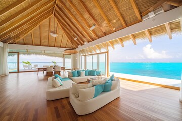 Fototapeta na wymiar wonderful luxury bungalow villa interior living room in tropical paradise Maldives Seychelles with view on crystal clear ocean and dreamy sky - Generative AI