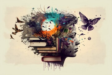 A head made of books with a light bulb, and birds flying around it.