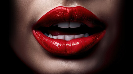 Deep Red Lipstick on Women's Lips Close-Up Macro Photograph Generative AI